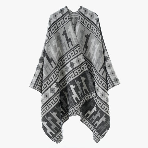 Damen Jacquard‑Strickponcho mit Ethno‑Tiermotiven und offenem Kimono‑Schnitt Shop Nory