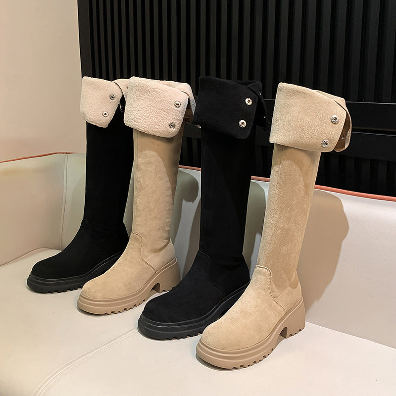 Damen kniehohe Worker‑Stiefel mit umklappbarem Teddy‑Bündchen und sculpted Plateau‑Absatz Shop Nory