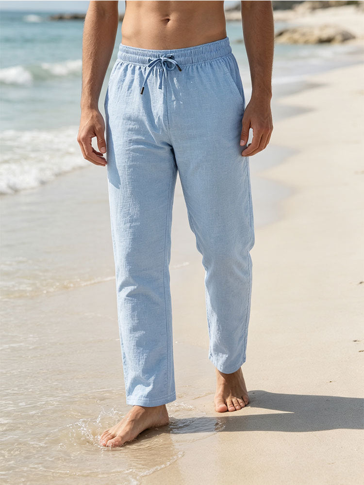 Herren Leichte Leinen-Baumwoll-Hose mit Tunnelzug, elastischem Bund und geradem Schnitt Shop Nory