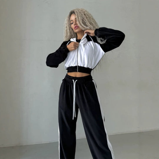 Damen kurz geschnittenes Samt-Trainingsset mit tailliertem Reißverschluss-Hoodie und weit geschnittener hochtaillierter Loungehose Shop Nory