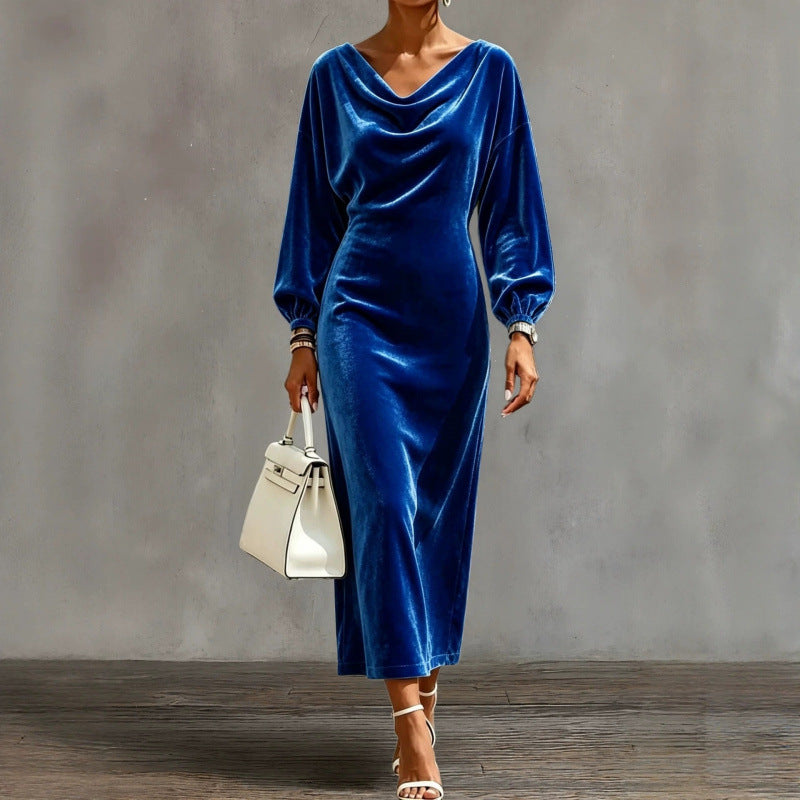 Damen Midikleid aus Samt mit drapiertem Wasserfallkragen und Ballonärmeln Shop Nory