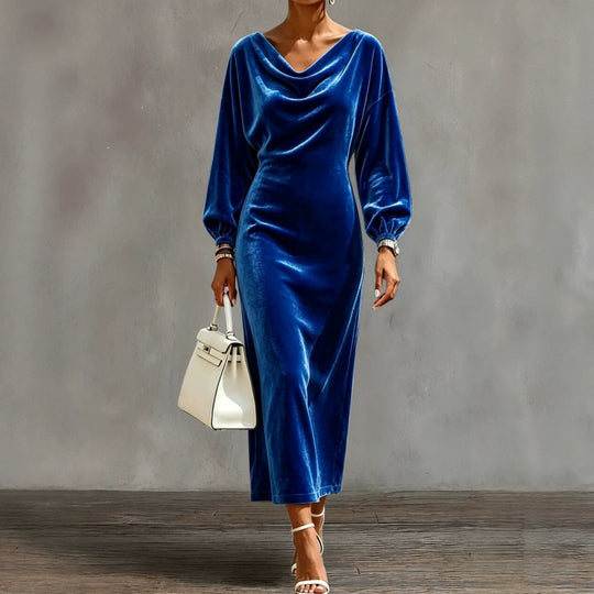 Damen Midikleid aus Samt mit drapiertem Wasserfallkragen und Ballonärmeln Shop Nory