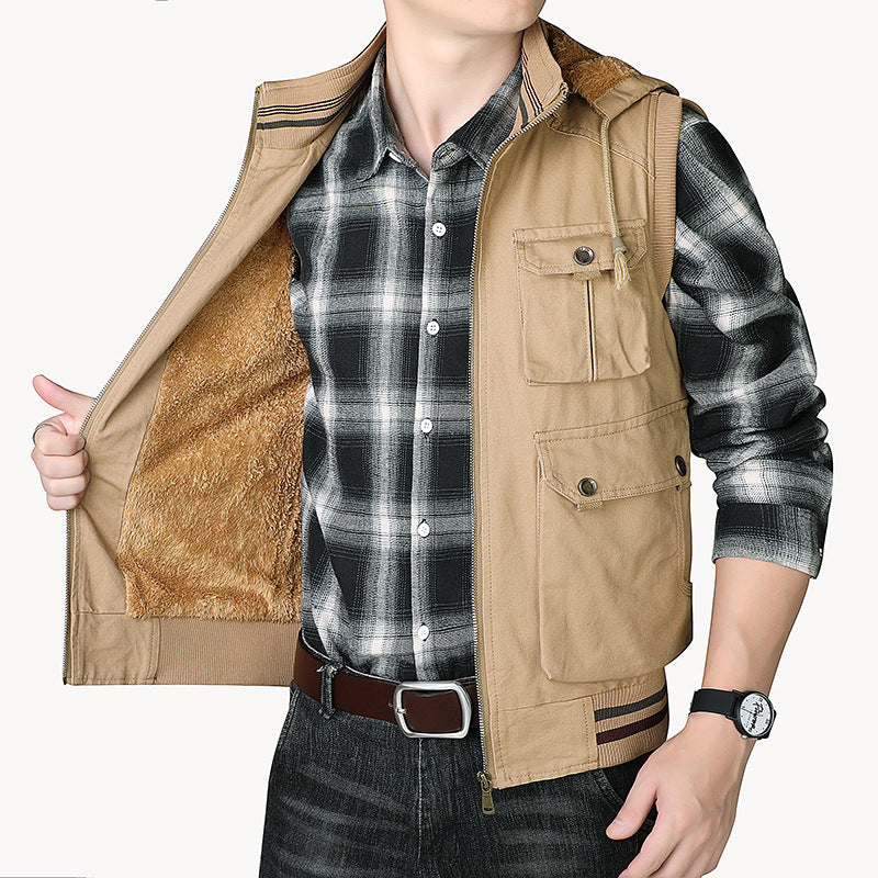 Herren Kapuzen-Weste mit Teddyfutter und Multifunktions-Utility-Taschen Shop Nory