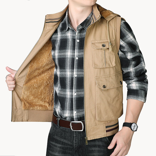 Herren Kapuzen-Weste mit Teddyfutter und Multifunktions-Utility-Taschen Shop Nory