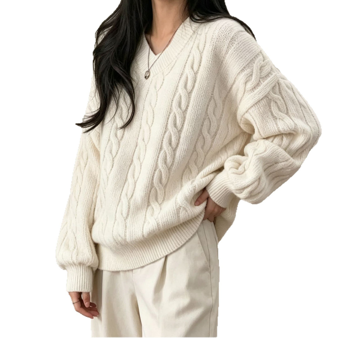 Damen Oversize Zopfmuster V-Ausschnitt Strickpullover mit überschnittener Schulter Shop Nory