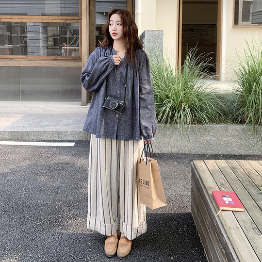 Damen Weite gestreifte Leinen-Culotte mit Umschlagbund Shop Nory