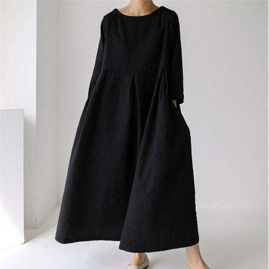 Damen Maxikleid aus Leinenmix mit geraffter Hüftpasse, seitlichen Eingrifftaschen und weitem Tellerrock Shop Nory
