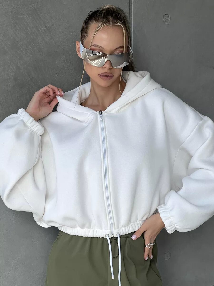 Damen Sportlicher Cropped Hoodie mit Reißverschluss und Kordelzug