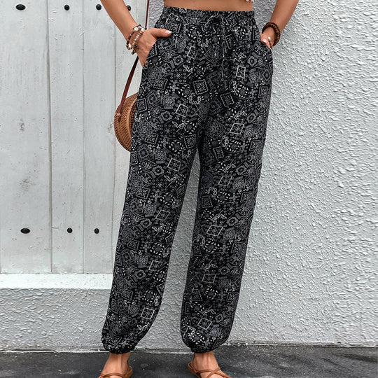 Damen Boho-Haremshose mit elastischem Taillenbund, Kordelzug und Seitentaschen Shop Nory