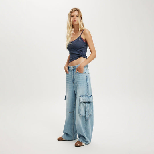 Damen lässige Cargo-Jeans im weiten Schnitt mit praktischen Taschen