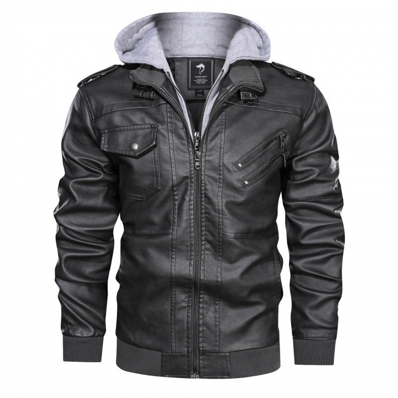 Herren Kunstleder-Bikerjacke mit integriertem Kapuzenlayer, Mehrfachtaschen und Rippbündchen Shop Nory