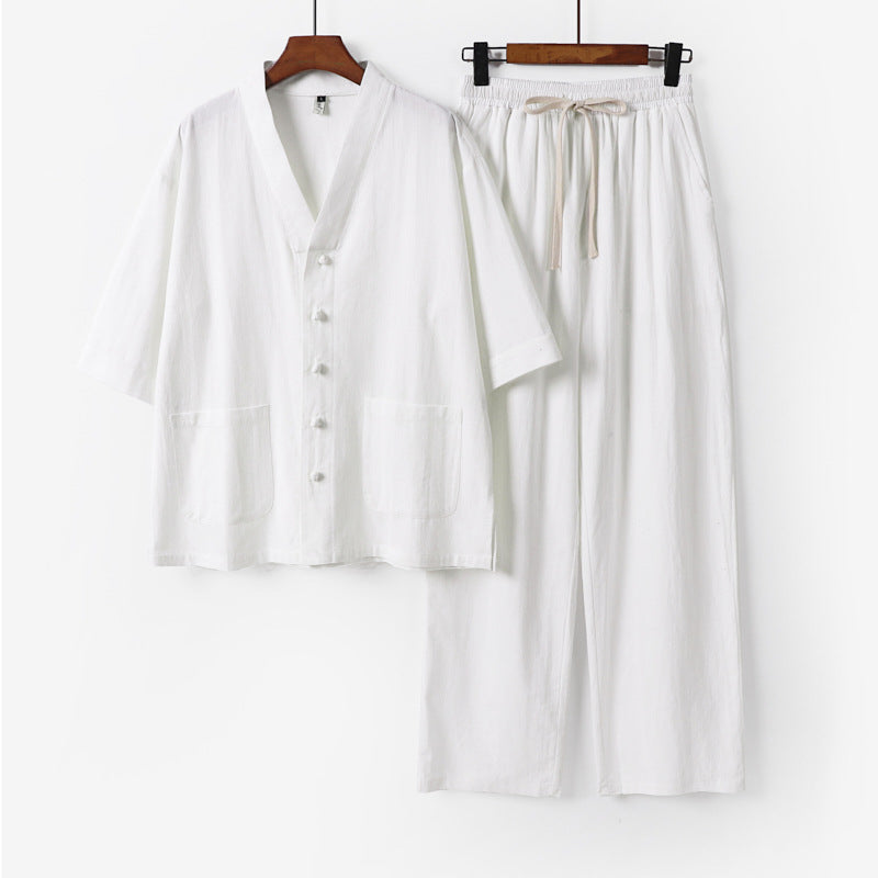 Herren Kimono-Zweiteiler aus Leinenmischung mit V-Ausschnitt, aufgesetzten Taschen und Kordelbundhose Shop Nory