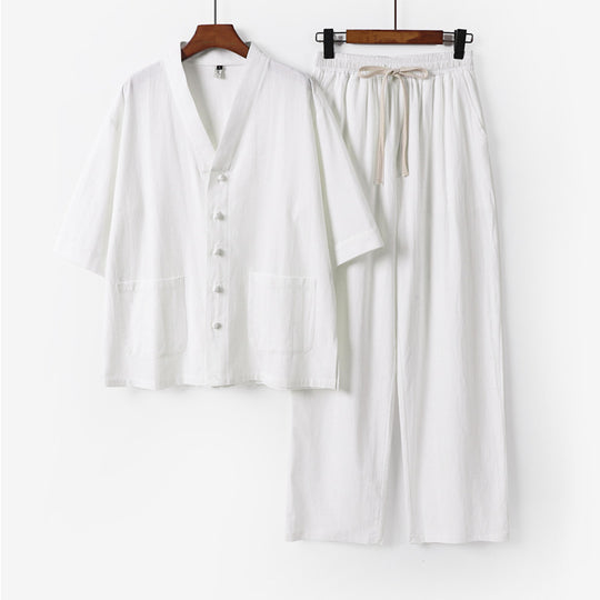 Herren Kimono-Zweiteiler aus Leinenmischung mit V-Ausschnitt, aufgesetzten Taschen und Kordelbundhose Shop Nory