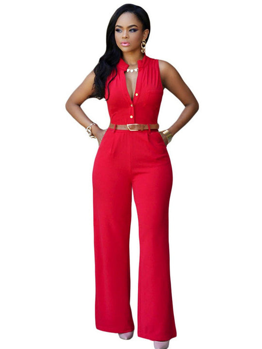 Damen Eleganter Jumpsuit mit Gürtel und Knopfdetail