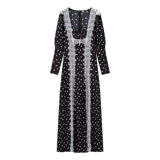 Damen Langärmeliges Maxikleid mit Spitzenborten, tiefem V‑Ausschnitt und floralem Alloverprint Shop Nory