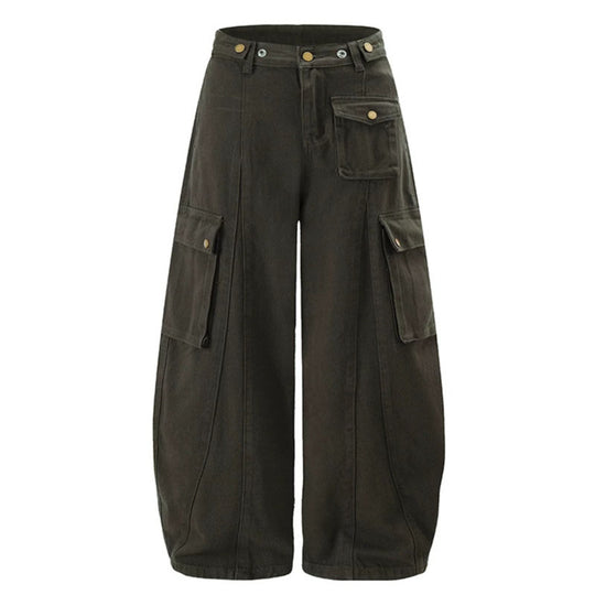 Damen Weite Cargo-Palazzo-Hose mit hohem Bund, Ballon-Saum und mehreren Klappentaschen Shop Nory