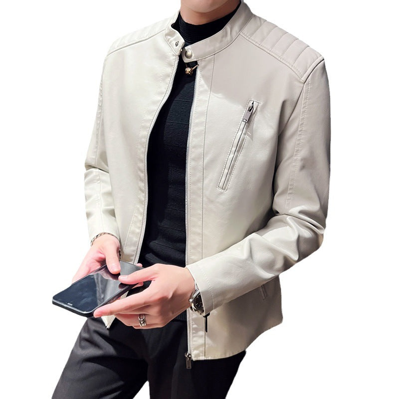 Herren Schlanke Kunstleder-Bikerjacke mit Stehkragen, Steppeinsätzen und Reißverschlusstaschen Shop Nory