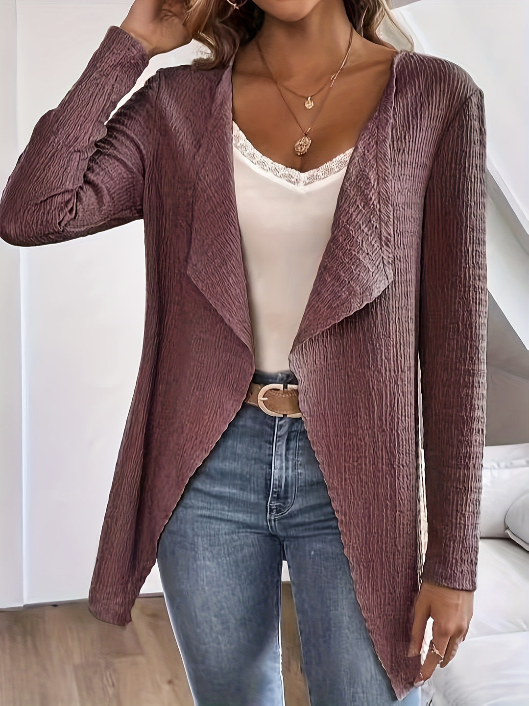 Damen Wasserfall-Blazer aus Crinkle-Struktur, leicht und offen Shop Nory