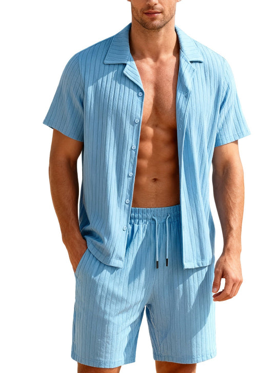 Herren nan geripptes Feinstrick-Lounge-Set mit kurzärmligem Revershemd und Kordelshorts