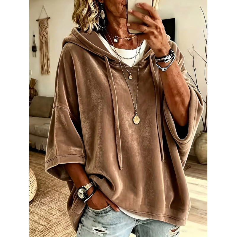 Damen Luxuriöser Samt-Hoodie mit Kimono-Kurzärmeln und Tunnelzug Shop Nory