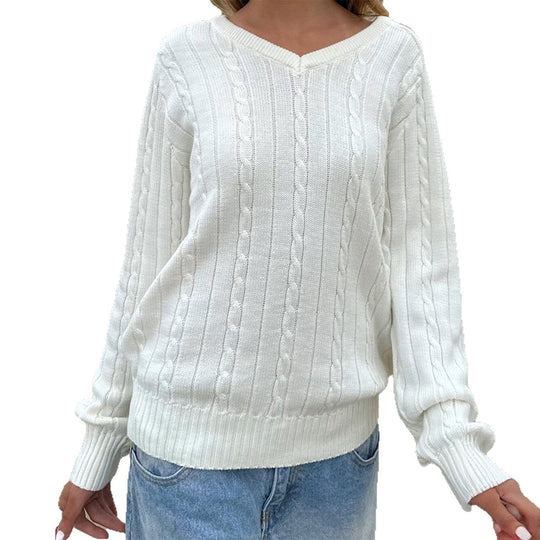 Damen nan feiner Strukturstrick-Pullover mit V‑Neck, Zopfmuster und geripptem Saum Shop Nory
