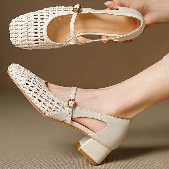 Damen elegante Mary Jane Pumps mit modischem Geflecht und bequemem Blockabsatz