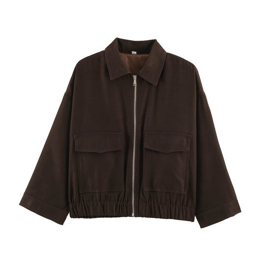 Damen Boxy Cropped Utility-Jacke mit Reißverschluss Pattentaschen und elastischem Saum Shop Nory