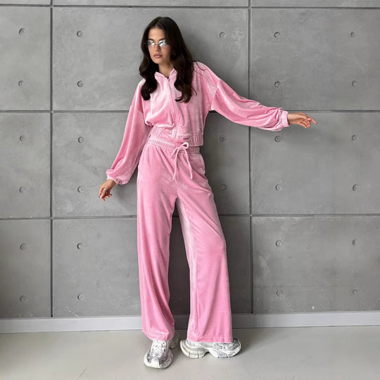 Damen weiches Velours-Lounge-Set mit kurzer Reißverschluss-Kapuzenjacke und weiter High-Waist-Hose Shop Nory