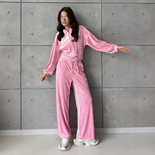 Damen weiches Velours-Lounge-Set mit kurzer Reißverschluss-Kapuzenjacke und weiter High-Waist-Hose Shop Nory