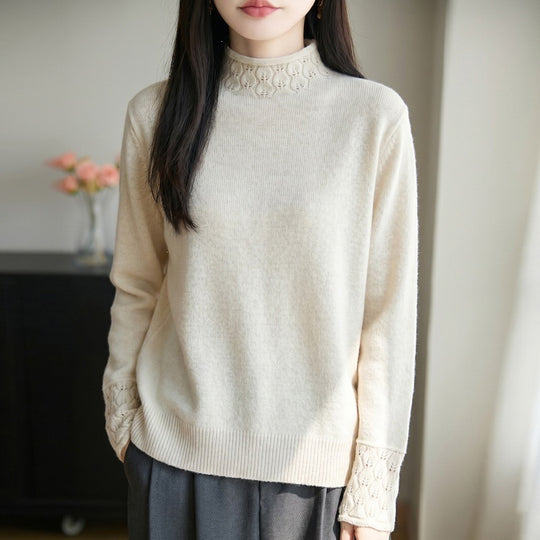 Damen Mockneck-Feinstrickpullover mit Ajour-Detail an Kragen und Bündchen Shop Nory