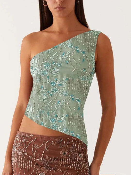 Damen asymmetrisches Oberteil mit floralem Strassdesign