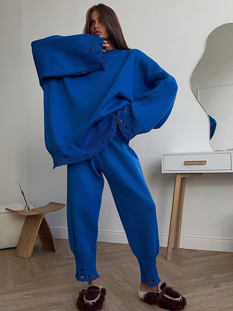 Damen Oversize-Strickset aus Feinstrick mit Destroyed-Saum, weitem Pullover und legerer Schlupfhose Shop Nory