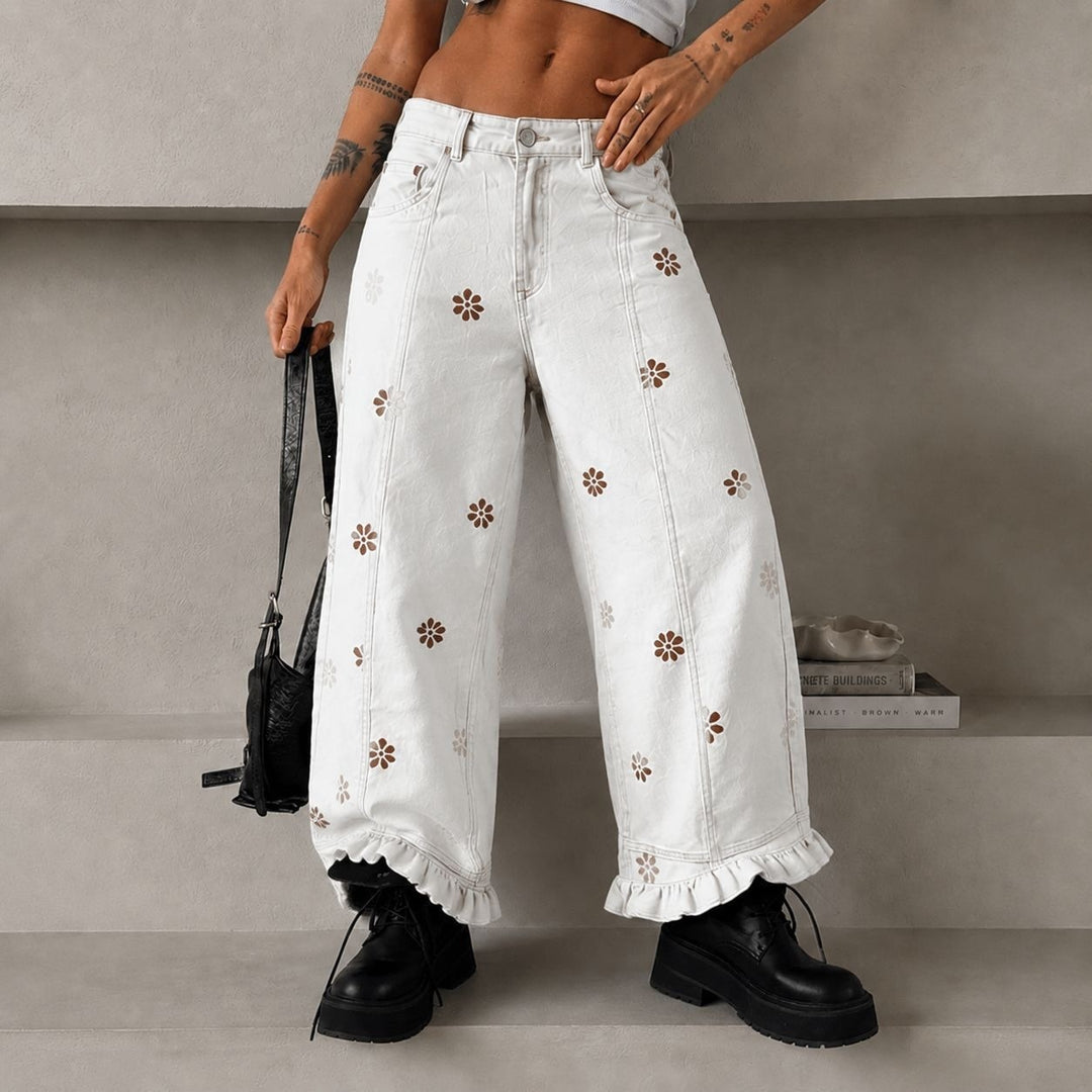 Damen weite Denimhose mit Gänseblümchen-Print, hohem Bund und Rüschenabschluss Shop Nory