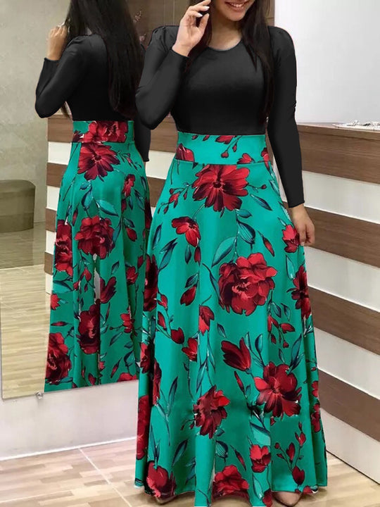 Damen Zweiteilig wirkendes Maxikleid mit figurbetontem Jersey-Oberteil und weitem Blumenrock Shop Nory