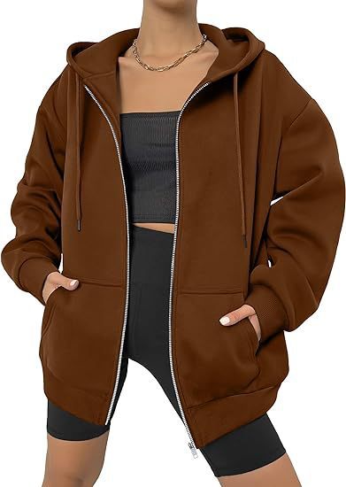 Damen nan oversized Zip-Kapuzenjacke mit kontrastierendem Reißverschluss, doppellagiger Kapuze und Kängurutasche Shop Nory