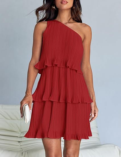 Damen Ärmelloses plissiertes Stufenkleid mit asymmetrischer Schulterpartie Shop Nory