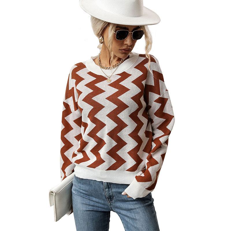 Damen figurfreundlicher Feinstrickpullover mit Zickzack‑Jacquard und Rundhalsausschnitt Shop Nory