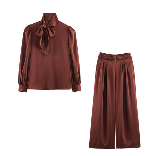 Damen Zweiteiliges Satin-Set mit Schleifenbluse und Plissee-Culotte Shop Nory