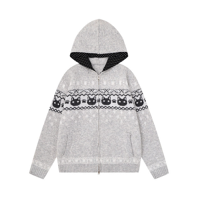Damen Kapuzen-Strickjacke mit Norwegermuster, zweifachem Reißverschluss und Kängurutaschen Shop Nory