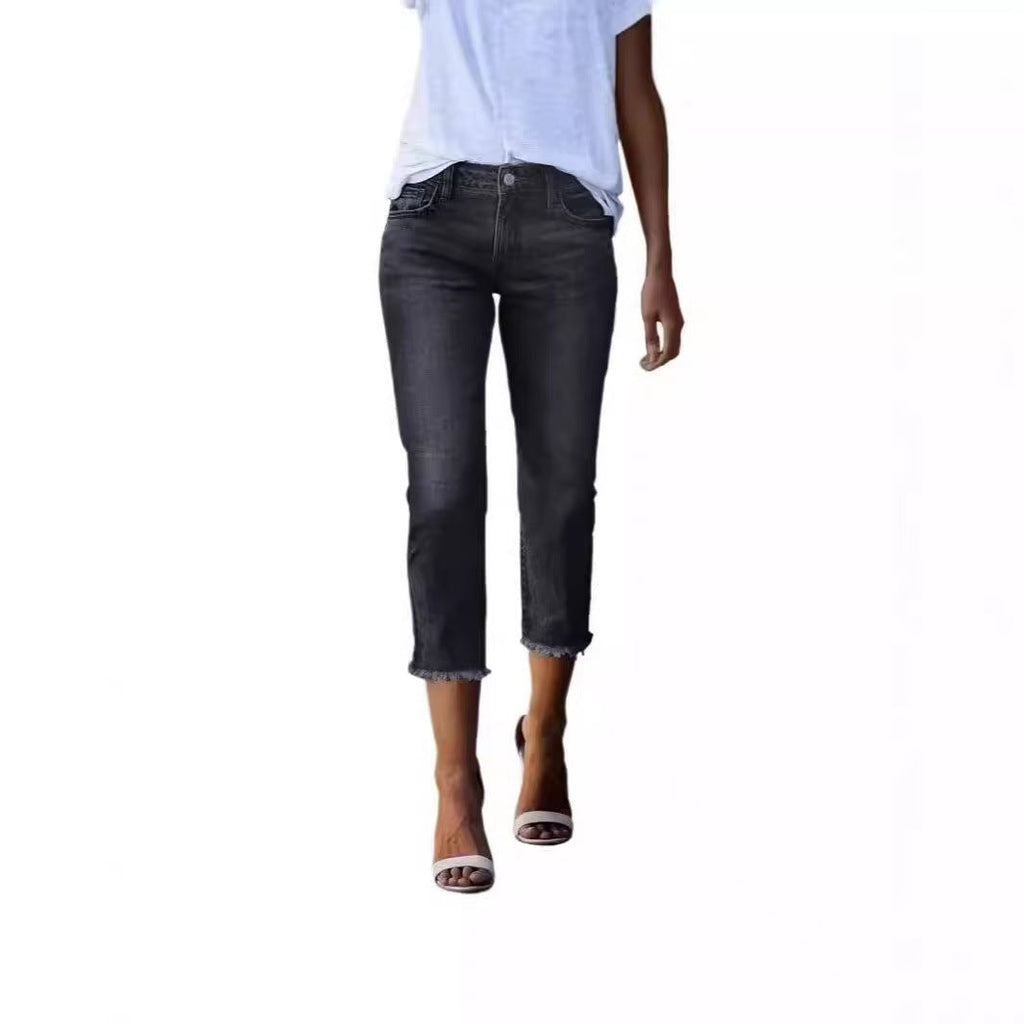 Damen 3/4 Jeans mit modischem Fransenabschluss