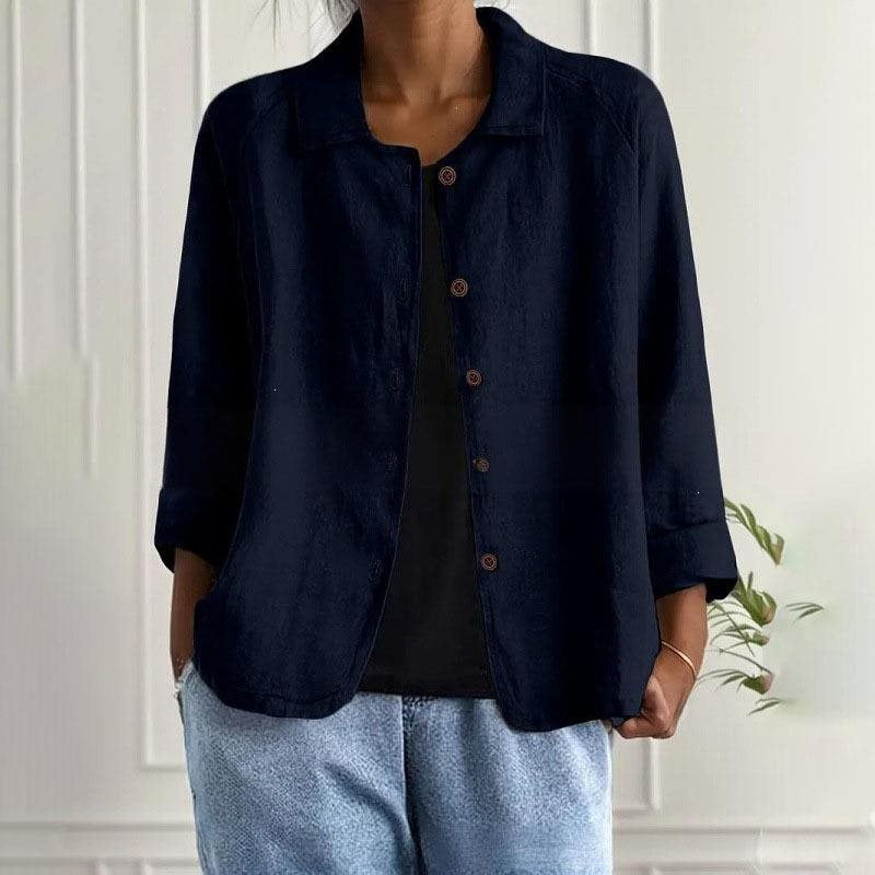 Damen Oversized Leinen-Hemdjacke mit Hemdkragen, 3/4-Ärmeln und durchgehender Knopfleiste Shop Nory