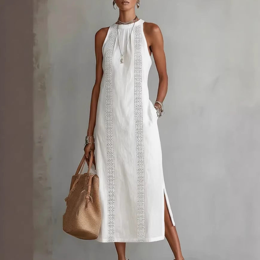Damen Elegantes Sommer-Maxi-Kleid mit Spitzenapplikation und seitlichem Schlitz