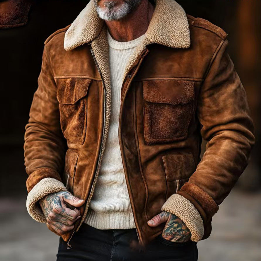 Herren Fliegerjacke aus Veloursleder mit Teddyfutter und aufgesetzten Pattentaschen Shop Nory