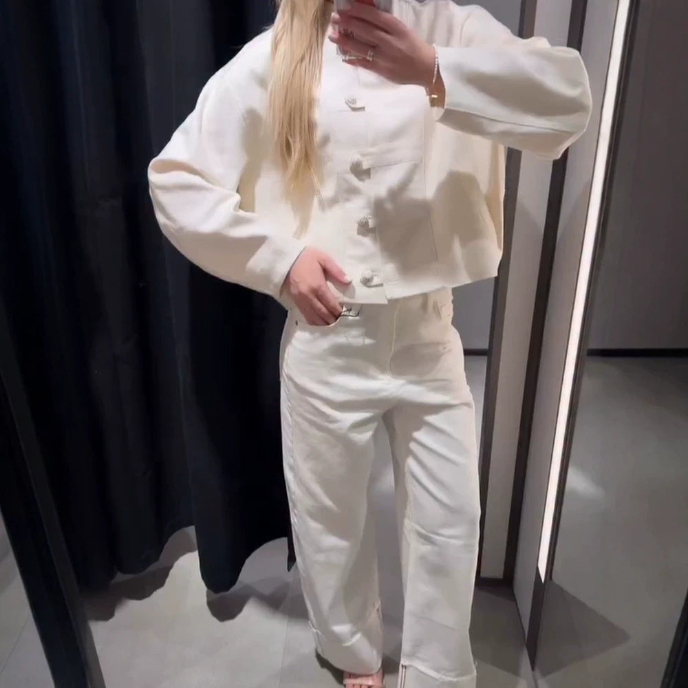 Damen Kurze Boxy-Jacke mit Mandarinkragen und dekorativer Knotenknopfleiste Shop Nory
