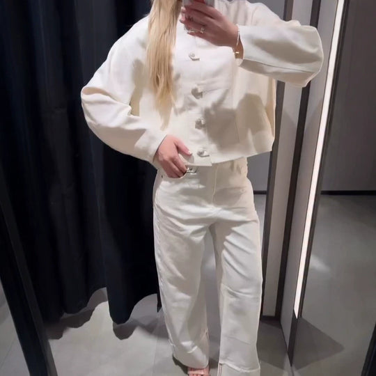 Damen Kurze Boxy-Jacke mit Mandarinkragen und dekorativer Knotenknopfleiste Shop Nory