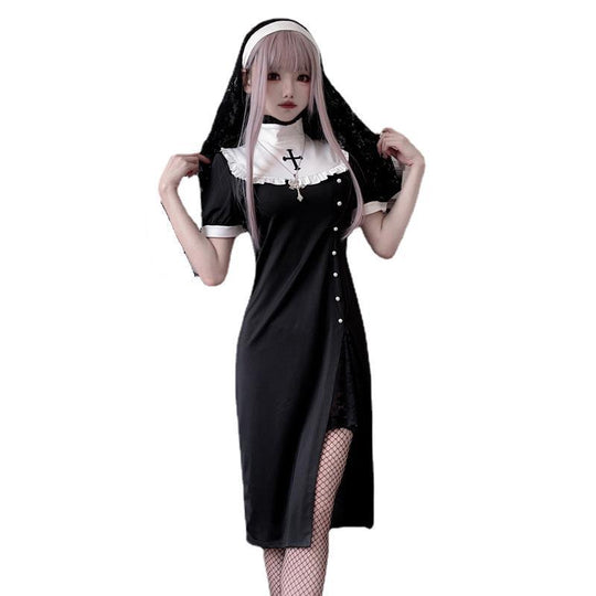 Damen Gothic Nonnenkostüm mit transparenten Spitzenärmeln und Kreuzdetails Shop Nory