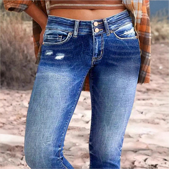 Damen hochgeschnittene Slim‑Cropped‑Jeans mit rohem Saum, Used‑Wash und elastischem Komfortbund Shop Nory