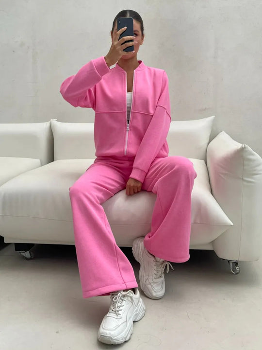 Damen lässiges Zip-Lounge-Set mit Stehkragen und weitem Highwaist-Joggpant Shop Nory