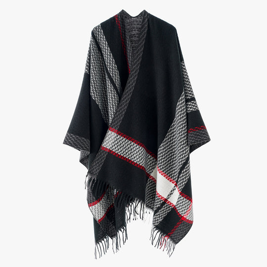 Damen Oversize Capeponcho aus Wollmix mit Karomuster und Fransensaum Shop Nory
