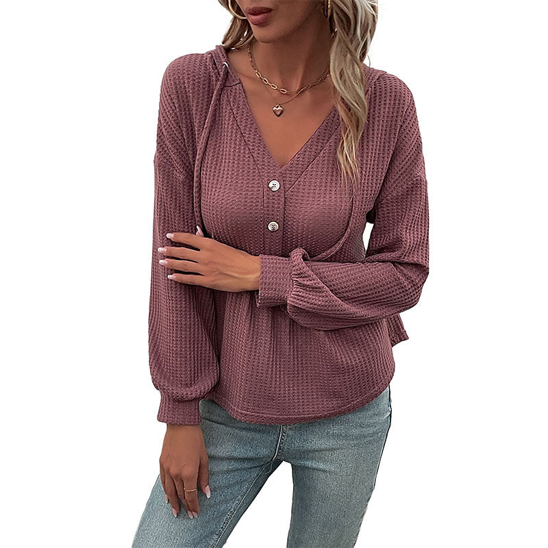 Damen Waffelstrick-Hoodie-Bluse mit V-Ausschnitt, Knopfleiste und geraffter Taillenpasse Shop Nory